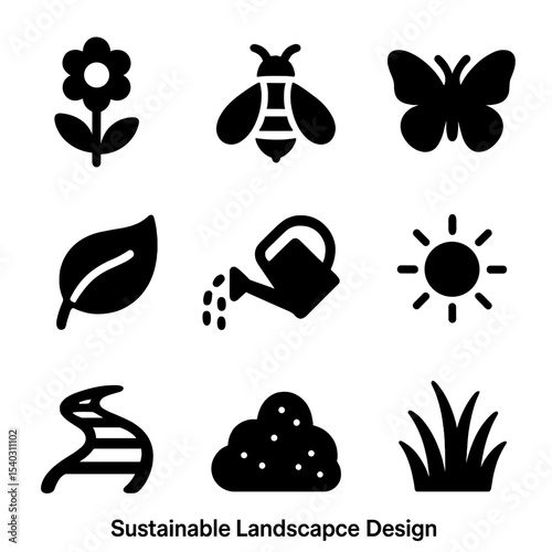 Sustainable Landscape Icons. Solid, filled icons set of sustainable landscape design: wildflower icon, bee