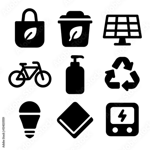 Sustainable Living Icons. Solid, filled icons set of sustainable living practices: reusable bag, compost bin,