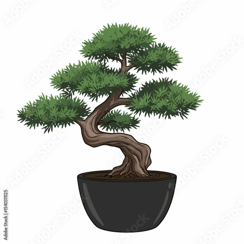 Stylized Bonsai Tree with Twisted Trunk and Dark Green Foliage in Black Pot