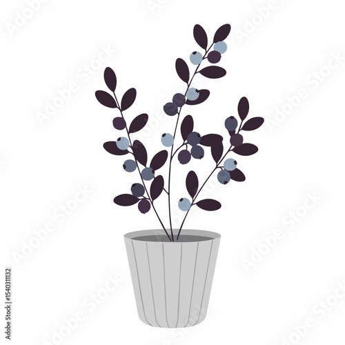 Stylized Blueberry Plant in a Decorative Gray Striped Pot.