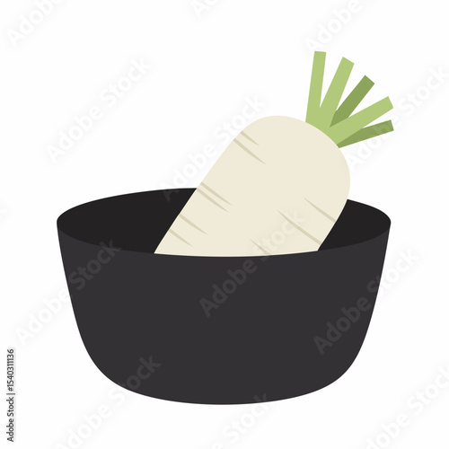 Single White Radish in a Dark Bowl, Simple Illustration