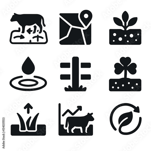 Sustainable Pasture Icons. Solid, filled icons set of sustainable pasture management: rotational grazing,