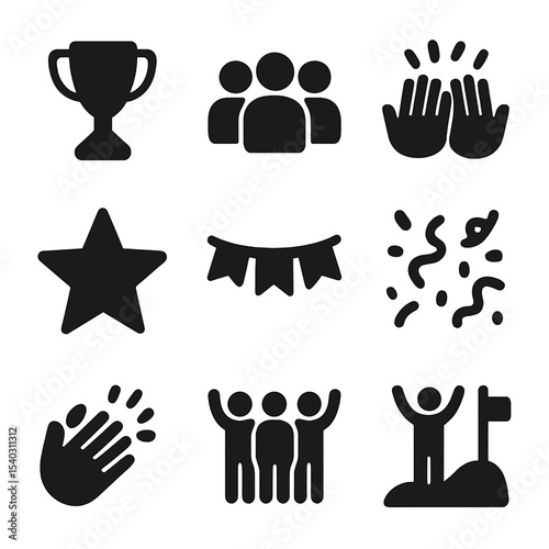 Team Celebration Icons. Solid, filled icons set of team success celebrations: trophy icon, team group, high