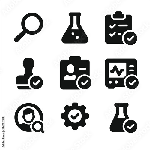 Testing Icons Grid. Solid, filled icons set of third-party testing and verification: magnifying glass icon,