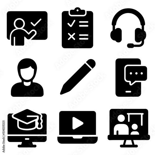 Tech Learning Icons. Solid, filled icons set of engaging tech-based learning: interactive screen, quiz icon,
