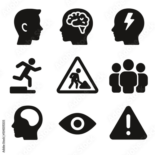 Teen Brain Risk Icons. Solid, filled icons set of adolescent brain and substance risk: teen profile,