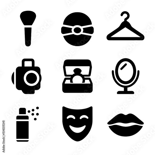 Theatrical Icons Collection. Solid, filled icons set of theatrical costumes and makeup: makeup brush, powder