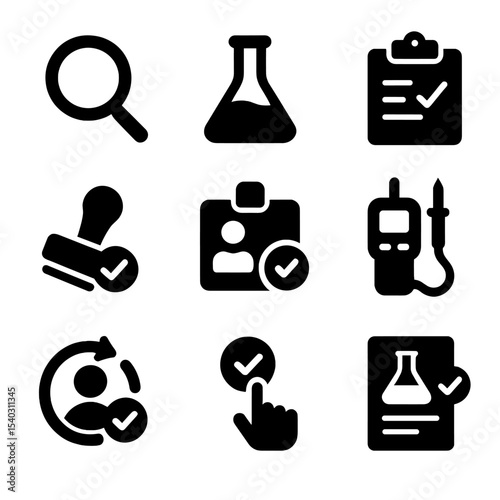 Testing Icons Grid. Solid, filled icons set of third-party testing and verification: magnifying glass icon,