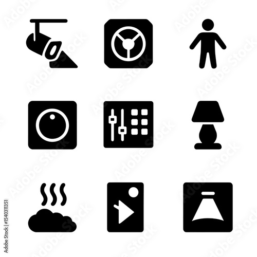 Theater Lighting Icons. Solid, filled icons set of theater lighting and mood effects: overhead spotlight,