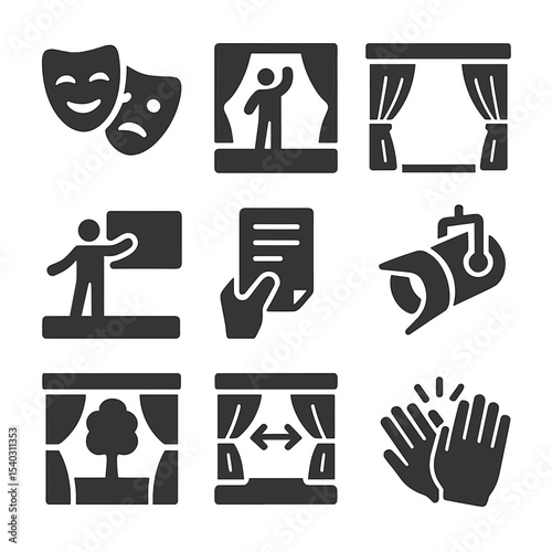 Theatrical Icon Set. Solid, filled icons set of theatrical stage expression: drama mask, actor on stage,