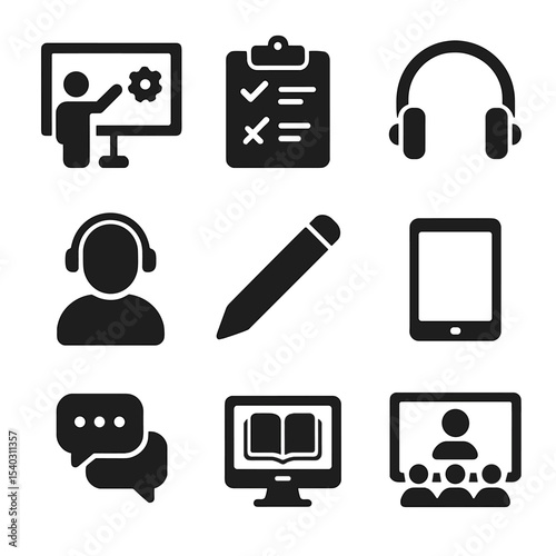 Tech Learning Icons. Solid, filled icons set of engaging tech-based learning: interactive screen, quiz icon,