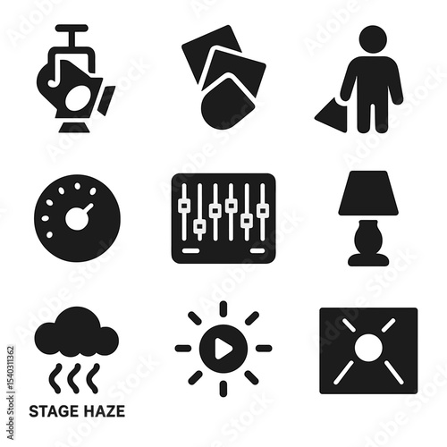 Theater Lighting Icons. Solid, filled icons set of theater lighting and mood effects: overhead spotlight,