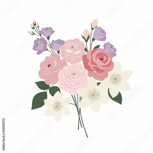 Elegant floral bouquet with pastel roses, lilac blossoms, and ivory clematis