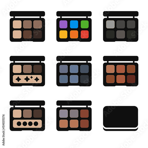 Themed Eyeshadow Icons. Solid, filled icons set of themed eyeshadow palettes: neutral shades, bold colors,