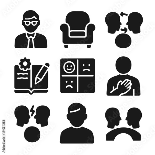 Therapy Icons Set. Solid, filled icons set of mirror neurons in therapy: therapist icon, client chair, shared