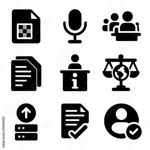 Transparency Icon Set. Solid, filled icons set of transparency and public access: open file icon, media
