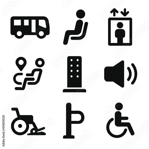 Transportation Accessibility Icons. Solid, filled icons set of transportation accessibility: low-floor bus,