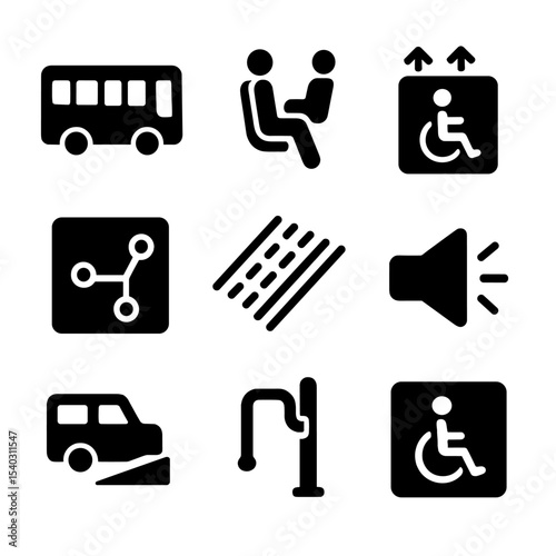 Transportation Accessibility Icons. Solid, filled icons set of transportation accessibility: low-floor bus,