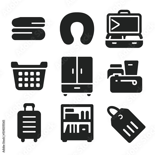 Travel Essentials Icons. Solid, filled icons set of trip recovery routine: folded clothes, travel pillow, open
