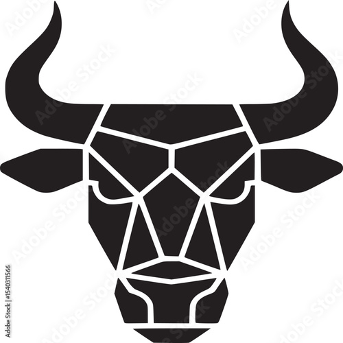 A geometric black bull head with curved horns on a cream background in a minimalist design style