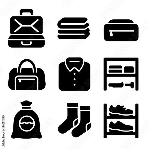 Travel Unpacking Icons. Solid, filled icons set of travel unpacking routine: open suitcase, clothing stack,