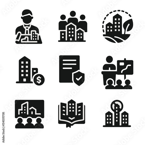 Urban Planning Icons. Solid, filled icons set of policy and planning for urban growth: urban planner, city