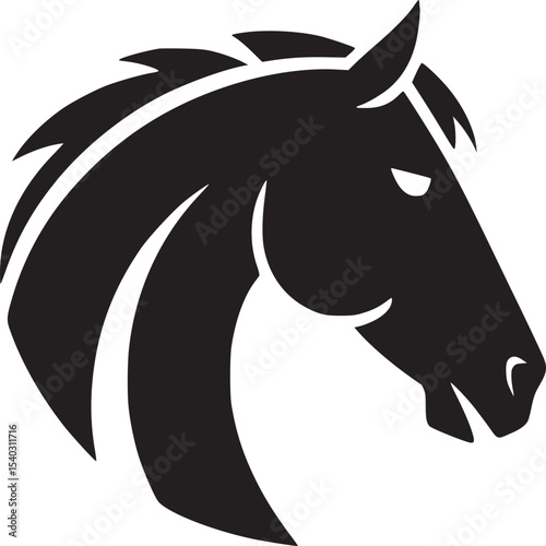 A stylized black horse head with flowing mane isolated on a white plain background design art