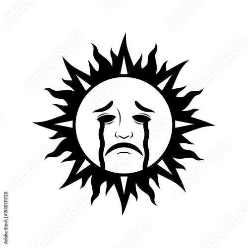 A black and white vector illustration of a sun with a sad face and dripping tears.
