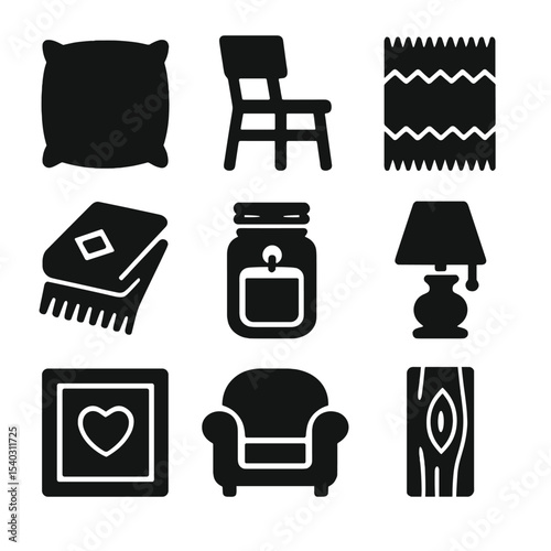 Upcycled Living Icons. Solid, filled icons set of cozy upcycled living spaces: throw pillow, upcycled chair,