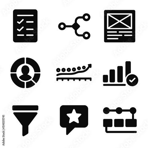 UX Research Icons. Solid, filled icons set of UX research visual mockups: survey chart, user path map,