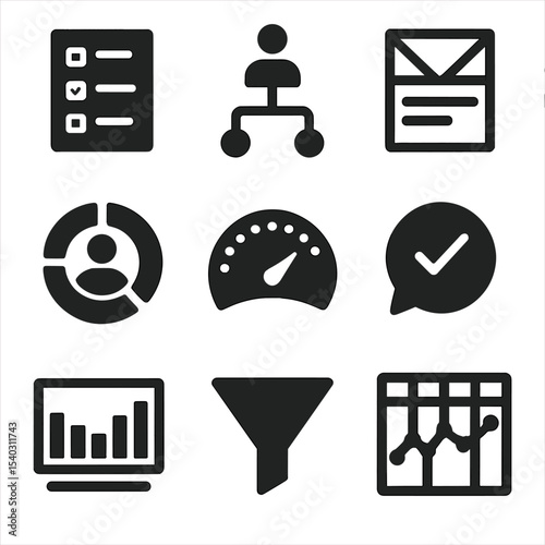 UX Research Icons. Solid, filled icons set of UX research visual mockups: survey chart, user path map,