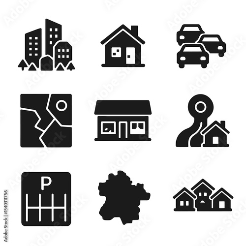 Urban Sprawl Icons. Solid, filled icons set of urban sprawl: expanding city, suburban house, traffic