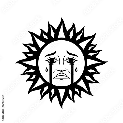 A black and white vector illustration of a sun with a sad face and dripping tears.