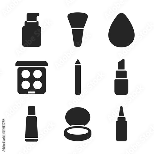 Versatile Makeup Icons. Solid, filled icons set of versatile makeup tools: foundation bottle, makeup brush,