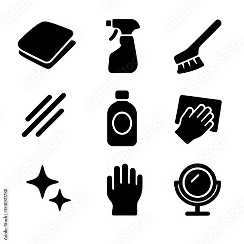 Vanity Cleaning Tools Icons. Solid, filled icons set of vanity mirror cleaning tools: microfiber cloth, glass