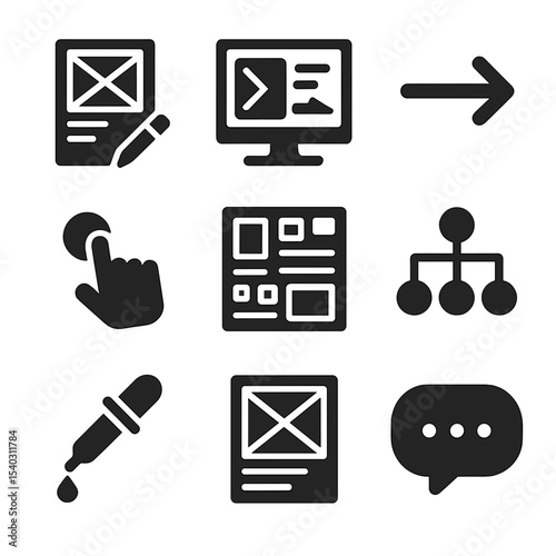 UX_UI Design Icons. Solid, filled icons set of UX/UI design workshops: wireframe sketch, digital canvas, user