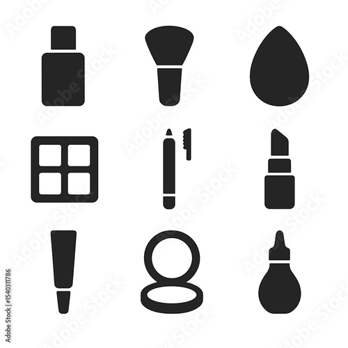 Versatile Makeup Icons. Solid, filled icons set of versatile makeup tools: foundation bottle, makeup brush,