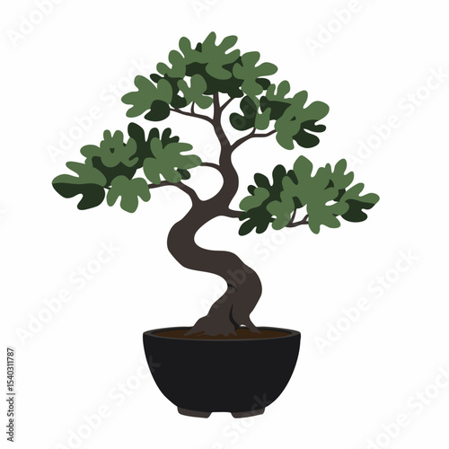 Serene Bonsai Tree in Black Pot with Curving Trunk and Green Leaves
