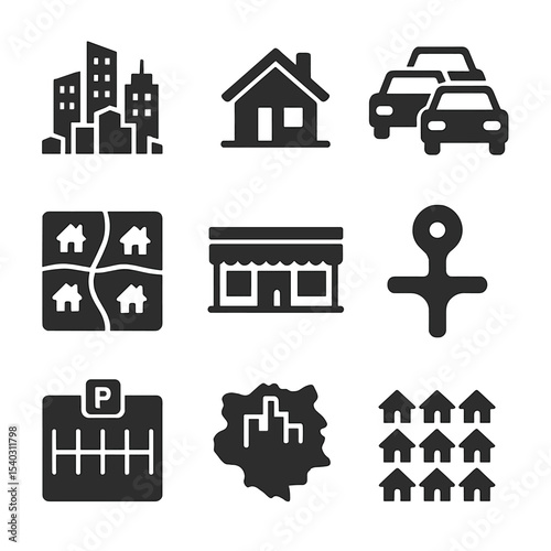 Urban Sprawl Icons. Solid, filled icons set of urban sprawl: expanding city, suburban house, traffic