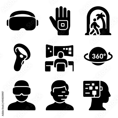 Virtual Reality Icons. Solid, filled icons set of virtual reality integrated into daily life: VR headset,