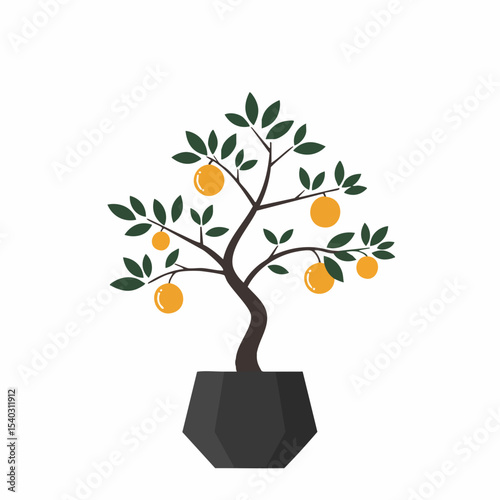Stylized Orange Tree in Dark Pot with Glossy Fruit and Green Leaves
