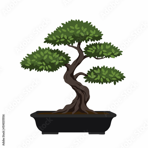 Artistic Bonsai Tree in Black Pot with Lush Green Leaves