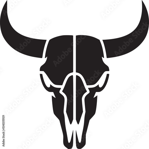 A black and white graphic illustration of a bull skull with curved horns on a white background