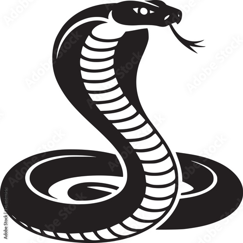 A black and white illustration of a cobra with its hood extended and tongue sticking out on white