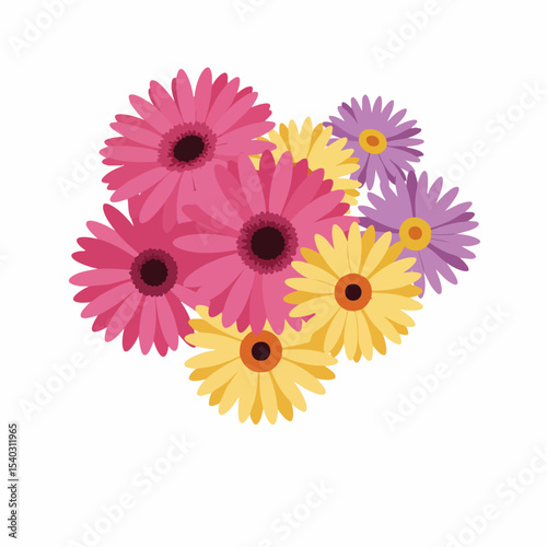Stylized Pink, Yellow, and Purple Daisy Arrangement with Dark Centers