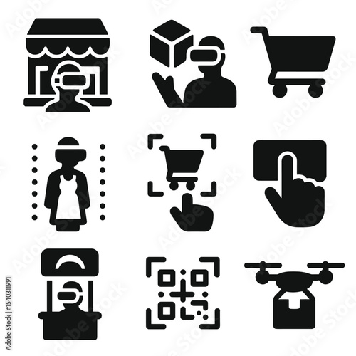 VR Shopping Icons. Solid, filled icons set of VR shopping and retail: virtual store, 3D product, cart icon,