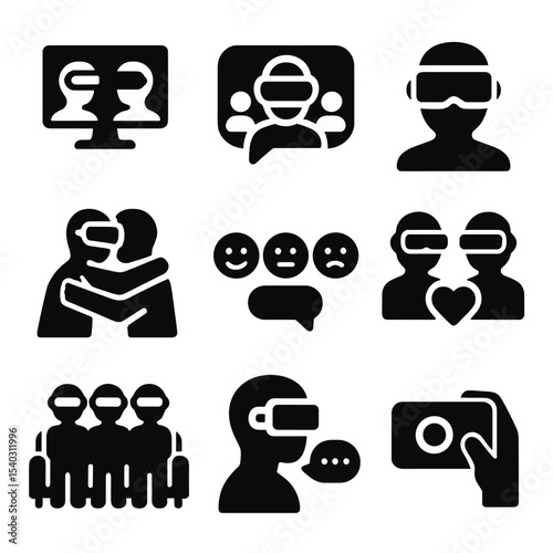 VR Social Icons. Solid, filled icons set of social interaction through VR: virtual meetup, group chat, avatar