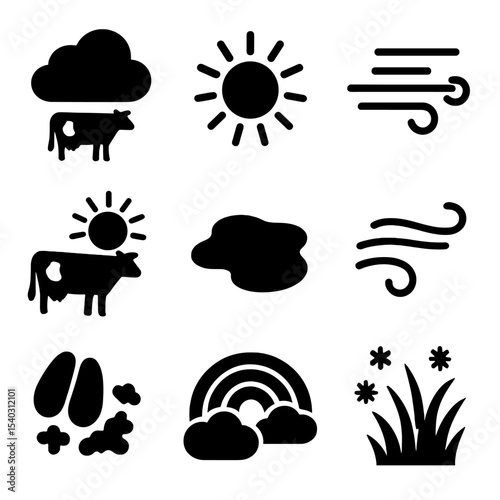 Weather and Cows Icons. Solid, filled icons set of cows and weather elements: raincloud, sunburst, wind gust,