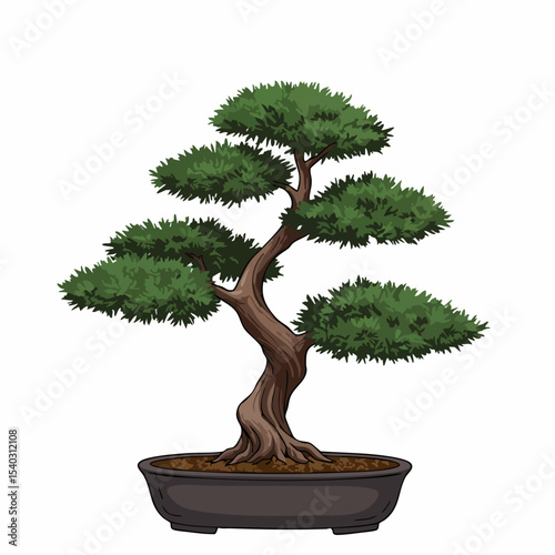 Detailed Cartoon Bonsai Tree in a Dark Ceramic Pot, Isolated.