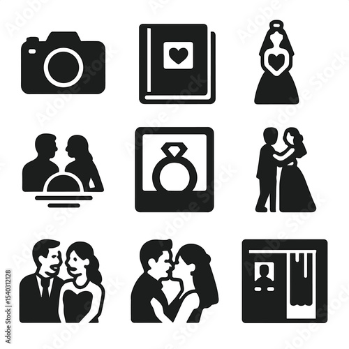 Wedding Icon Set. Solid, filled icons set of June wedding photography: camera, photo album, bridal pose,